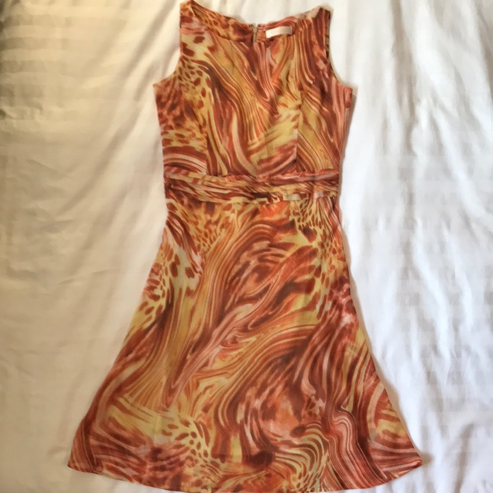 Cordier Japanese  bateau neck lined orange/yellow swirl fit and flare dress EUC